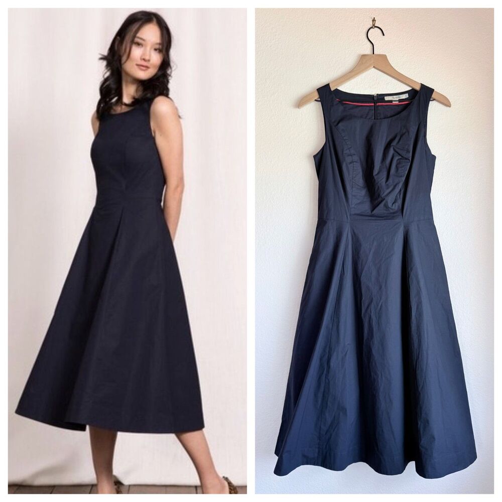 Boden Elena Cotton Poplin Boatneck Sleeveless Midi Dress Navy Blue Size 4 EUC